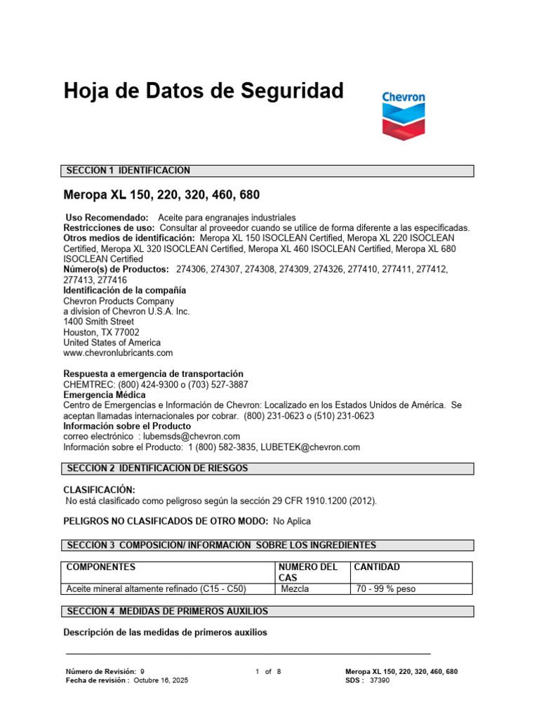 Hoja de Seguridad Meropa XL Aceites | PDF | Combustión | Toxicidad