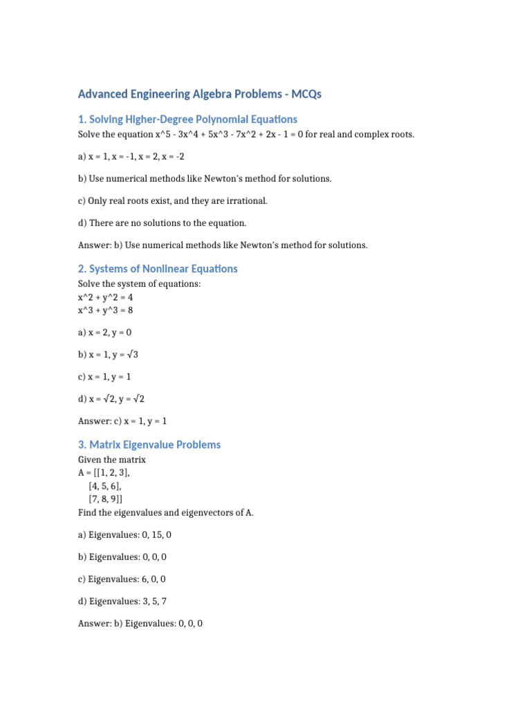 Advanced Algebra MCQs and Solutions | PDF