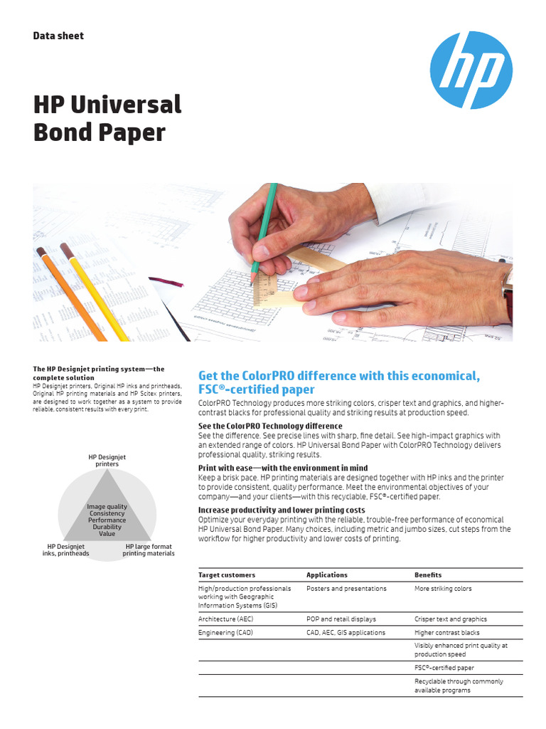 HP Universal Bond Paper Data Sheet | PDF | Printer (Computing) | Paper