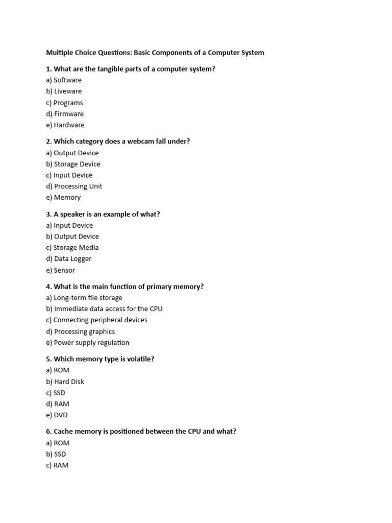 Computer System Components Quiz | PDF | Computer Data Storage | Random ...