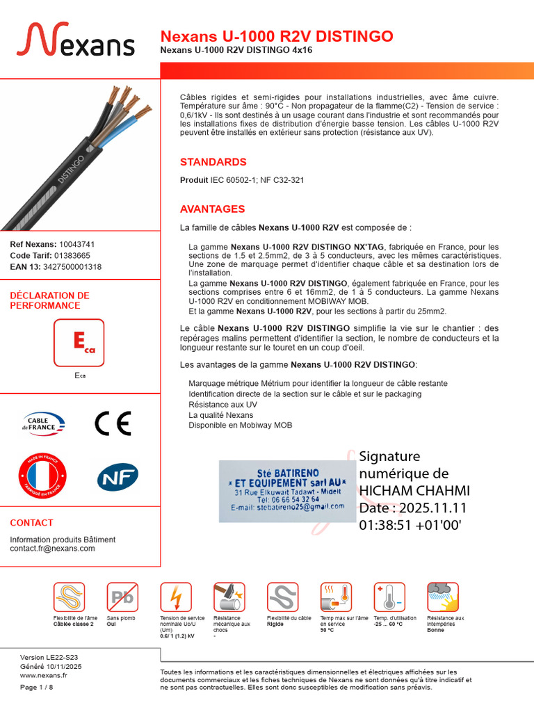 Câble Nexans U-1000 R2V DISTINGO 4x16 | PDF | Câble coaxial | Électricité