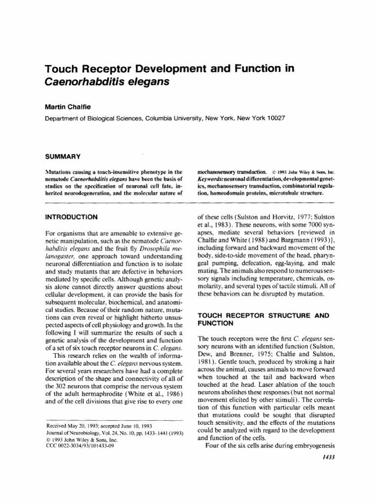 Touch Receptor Development and Function in Caenorhabditis Elegans | PDF ...