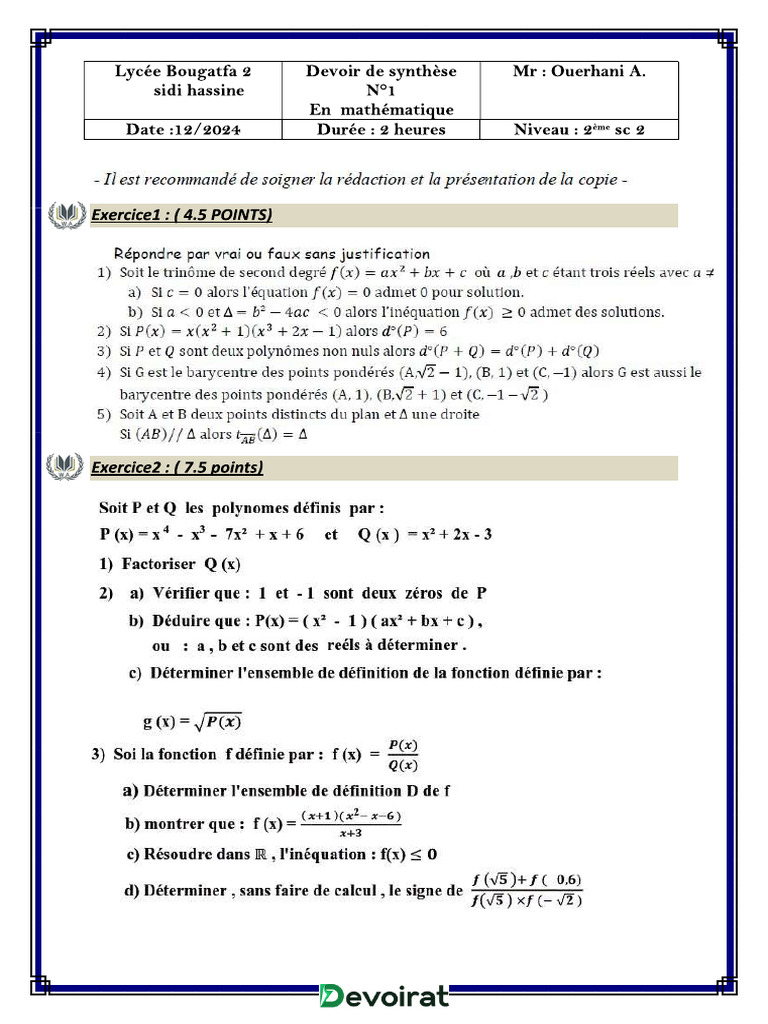 Devoir de Synthèse N°1 - Math - 2ème Sciences (2024-2025) Mr Ouerhani ...
