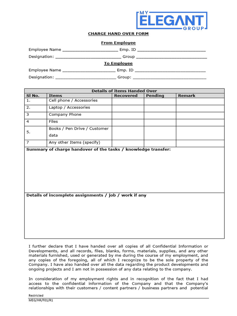 Charge Hand Over Form Template | PDF