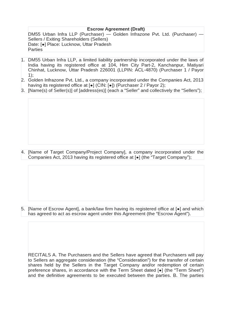 Draft Escrow Agreement for Share Transfer | PDF | Indemnity | Arbitration