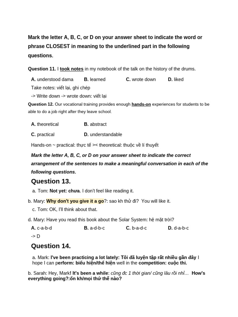 Vocabulary and Grammar Practice Test | PDF