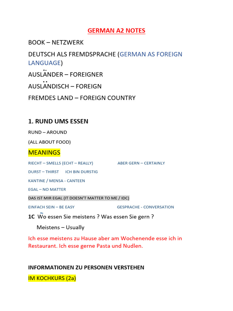 German A2 Notes | PDF