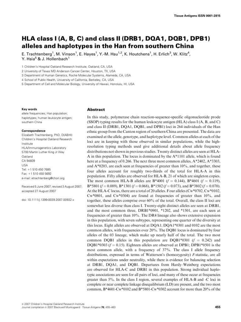 HLA Alleles in Southern Han Chinese | PDF | Human Leukocyte Antigen ...