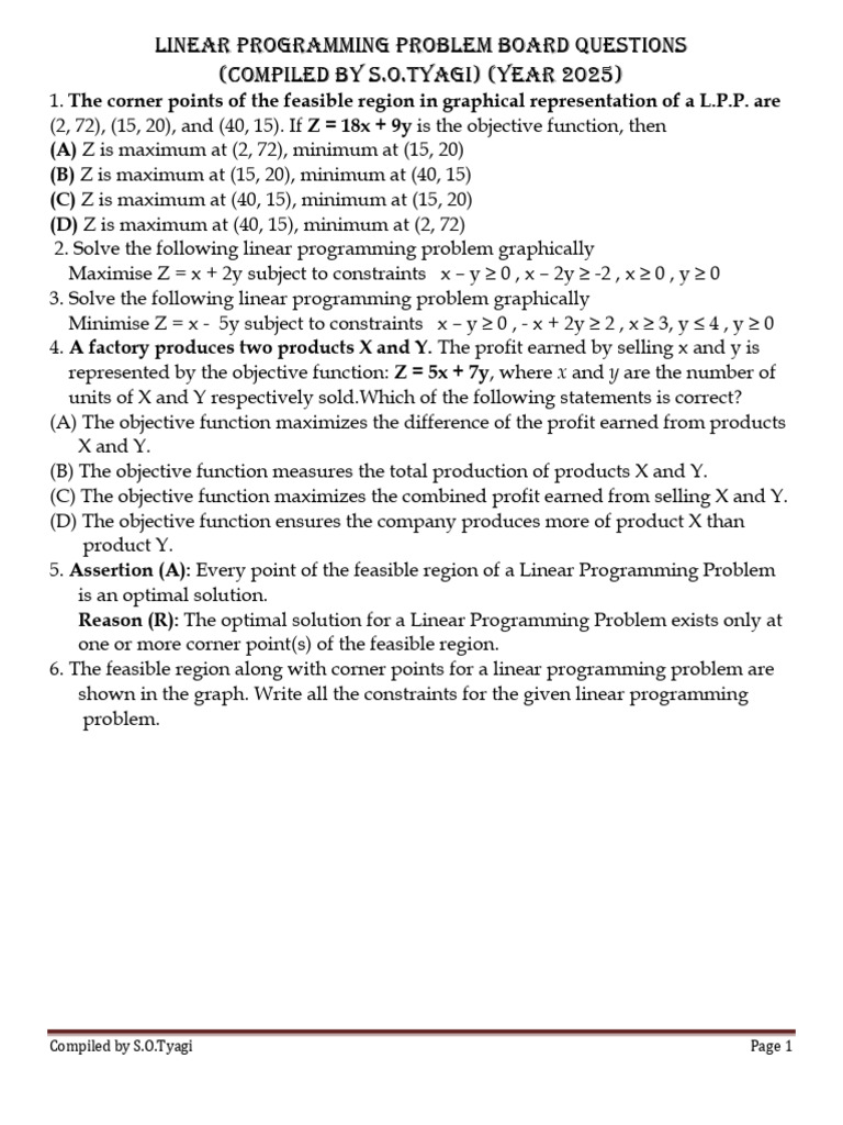 Linear Programming Problem Questions | PDF | Linear Programming ...