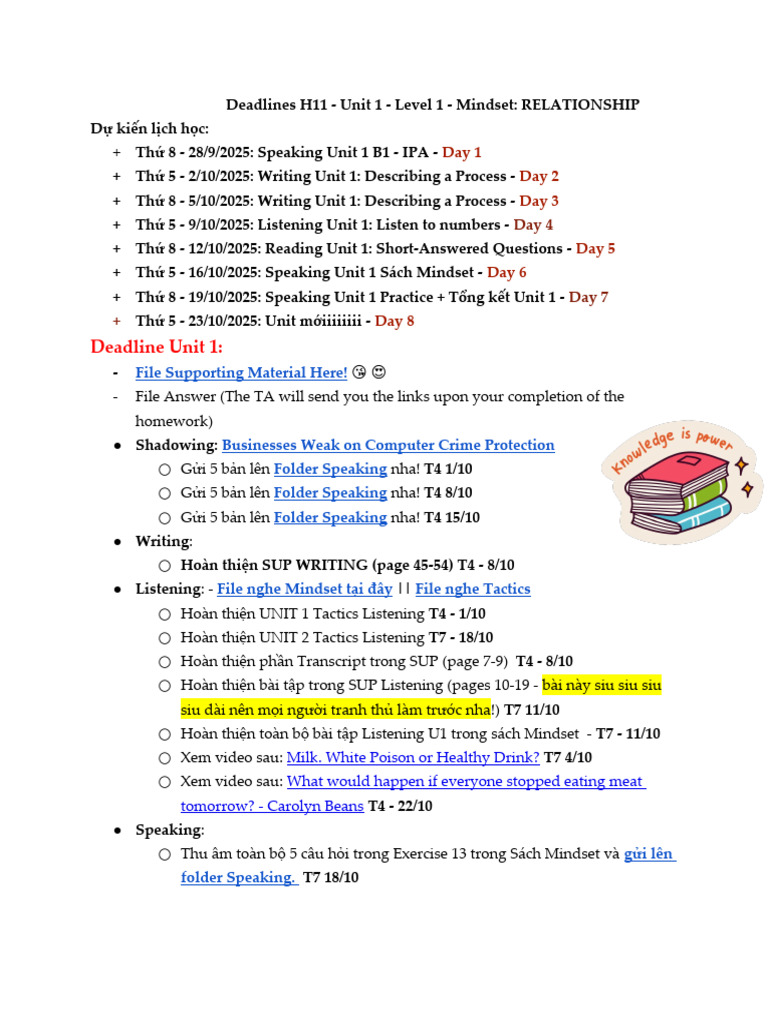 Deadlines H11 - Unit 1 - Level 1 - Mindset - RELATIONSHIP | PDF