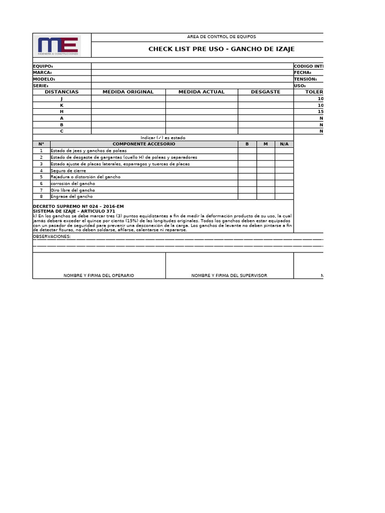 Check List Preuso - Gancho de Izaje | PDF | Ingeniería mecánica