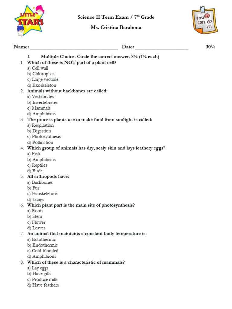 7th Grade Science II Term Exam Guide | PDF | Plants | Amphibian