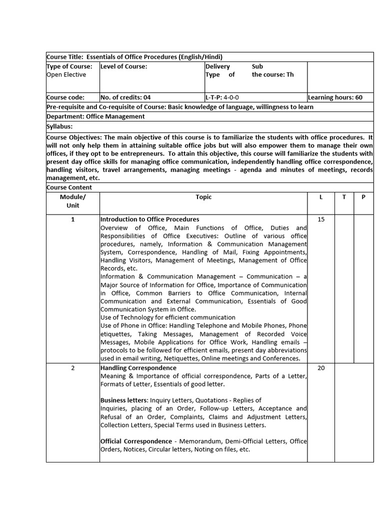 Office Procedures Course Overview | PDF | Communication | Telephone