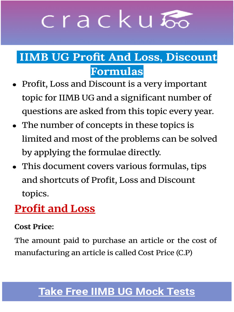 Profit and Loss Formulas for IIMB UG | PDF | Prices | Financial Economics