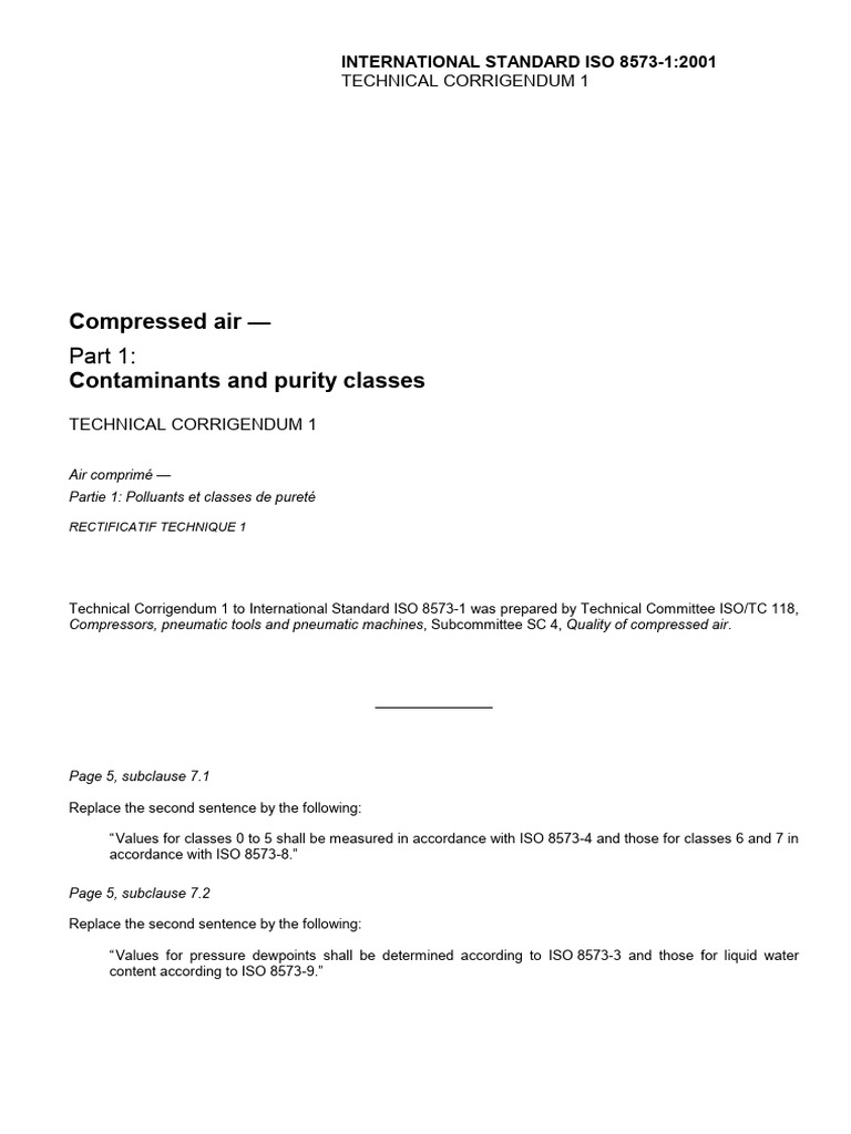 ISO 8573-1:2001 Technical Corrigendum | PDF