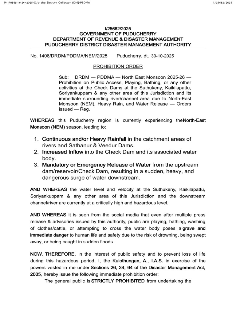 Puducherry Monsoon Safety Prohibition Order | PDF | Dam | Flood