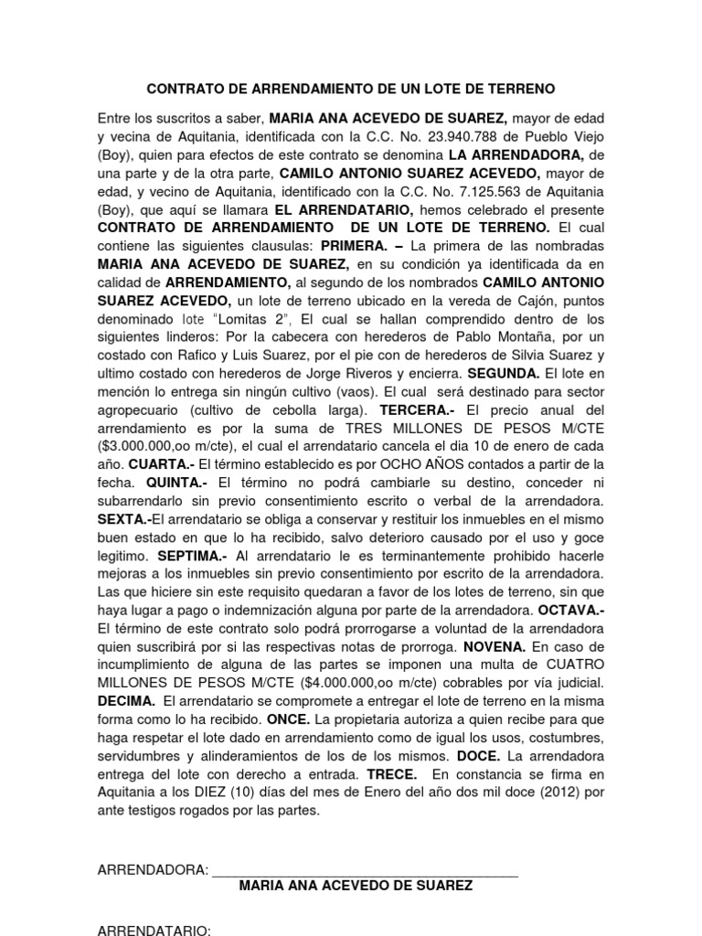 Contrato de Arrendamiento de Un Lote de Terreno