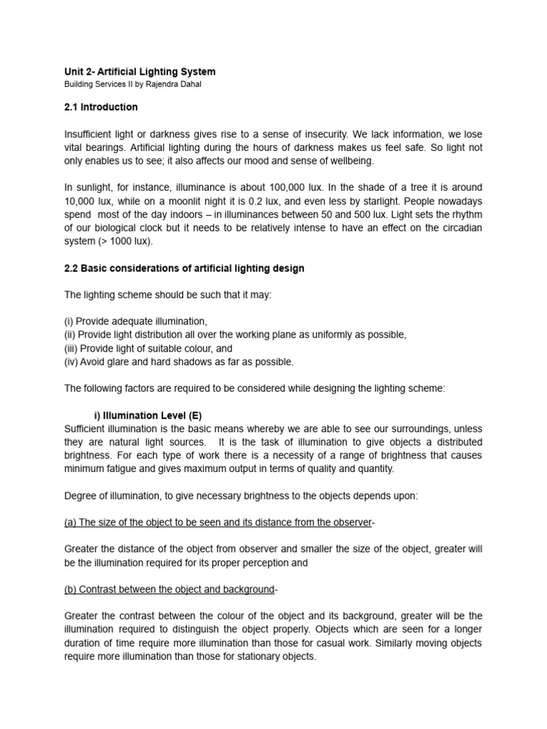 Unit 2 Artificial Lighting System | PDF | Lighting | Light