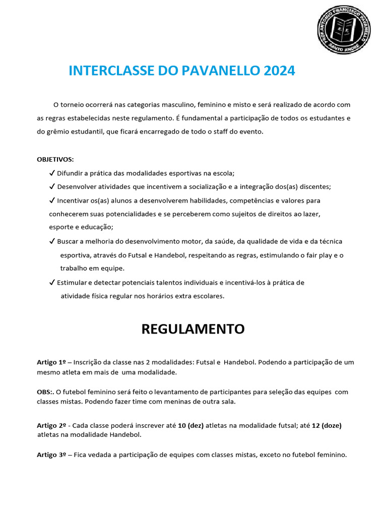 Torneio Interclasse Pavanello 2024 | PDF | Futebol | Esportes