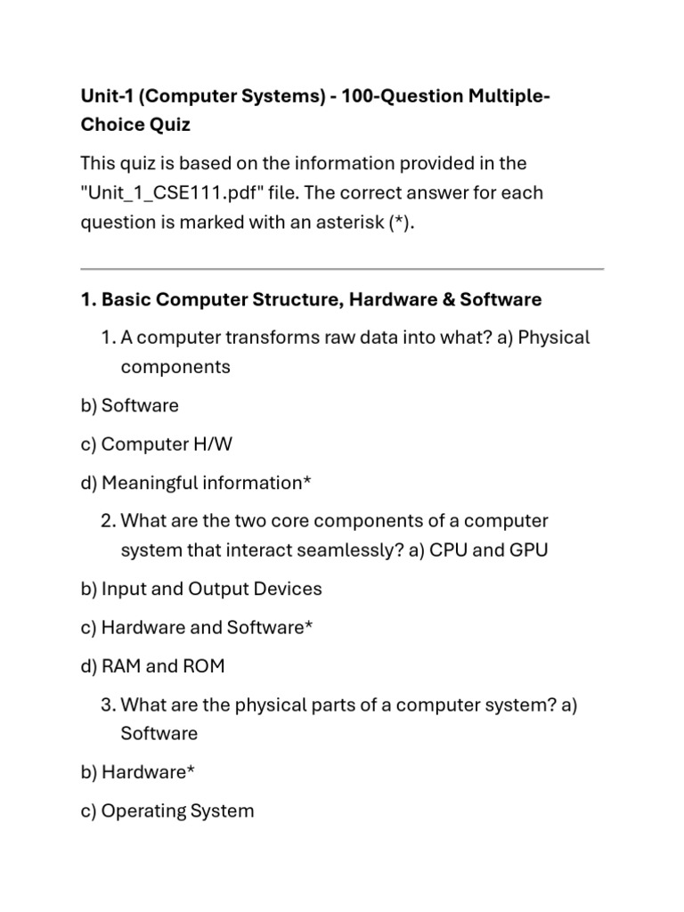Computer Systems Quiz: 100 MCQs | PDF | Computer Data Storage | Random ...