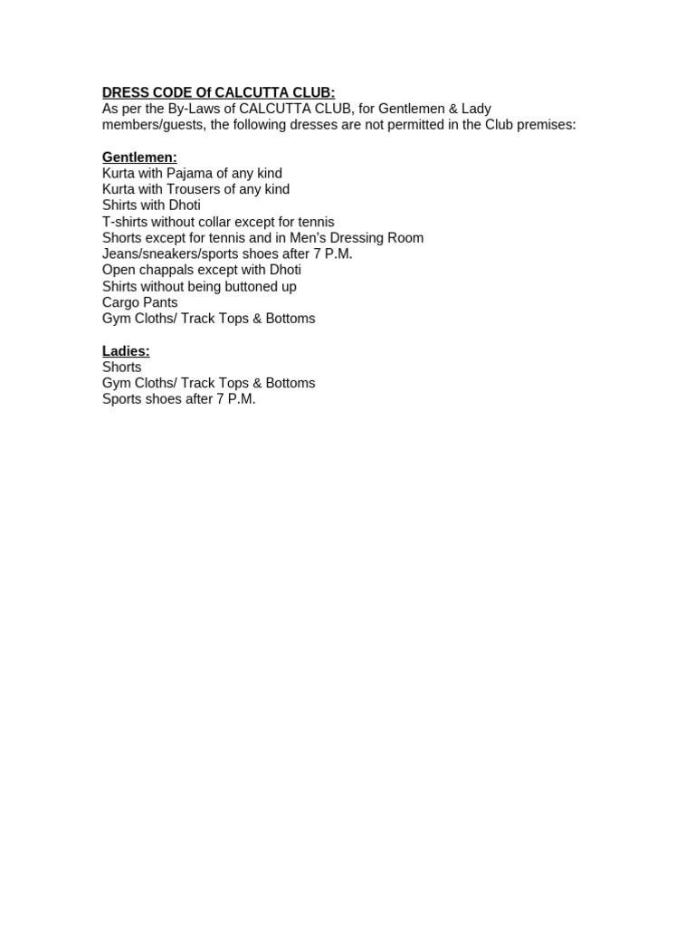 Calcutta Club Dress Code Guidelines | PDF