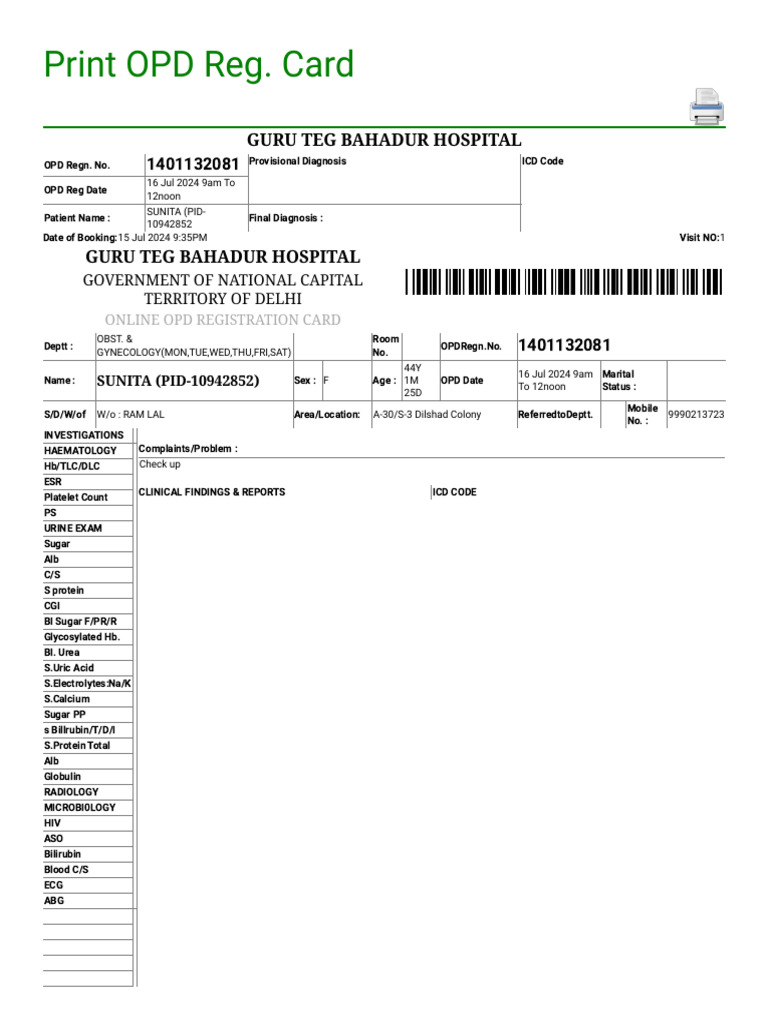 Print OPD Reg. Card: Guru Teg Bahadur Hospital | PDF