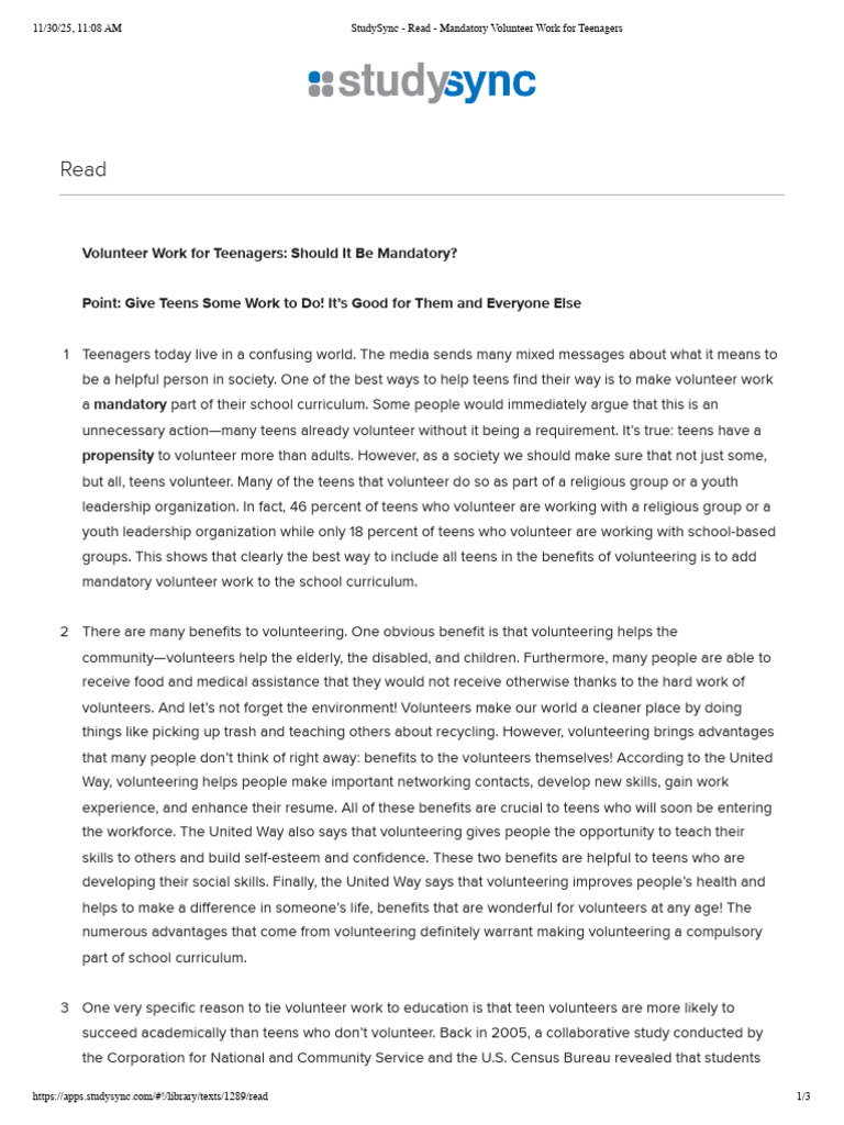 Mandatory Volunteer Work for Teens? | PDF | Adolescence | Volunteering