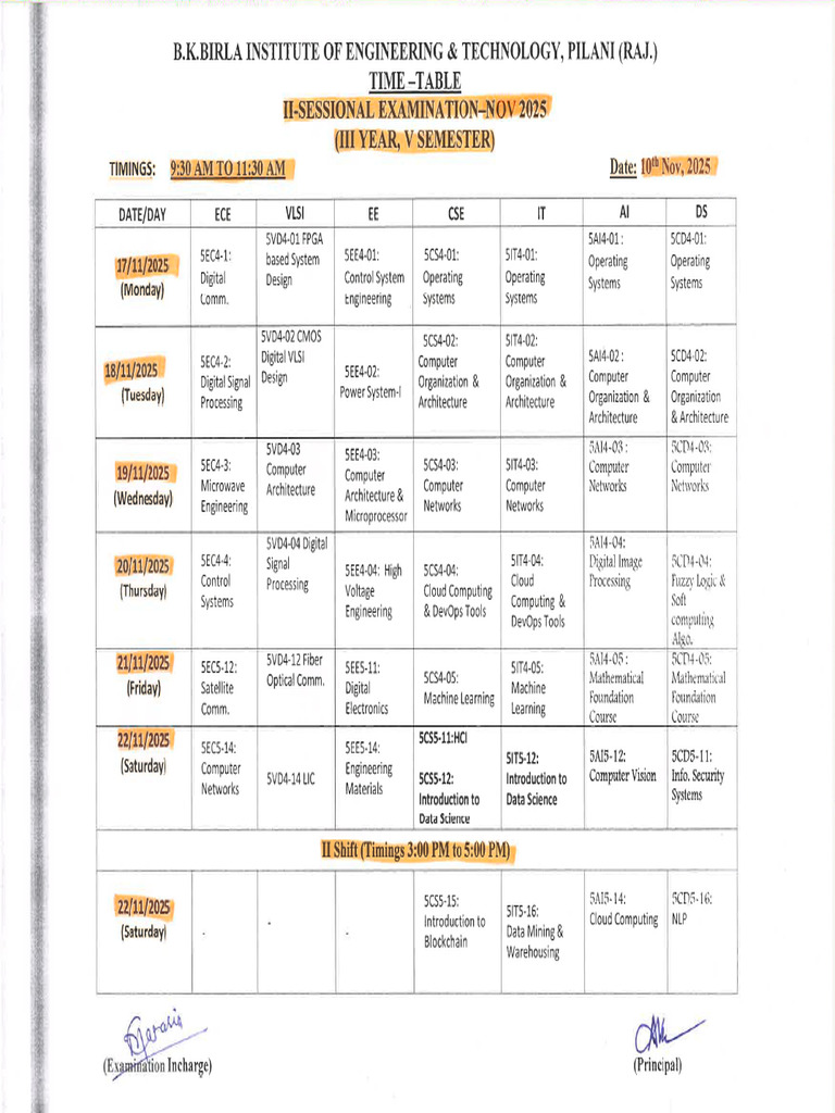 Date Sheet v Sem (II-Sessional Exam) | PDF