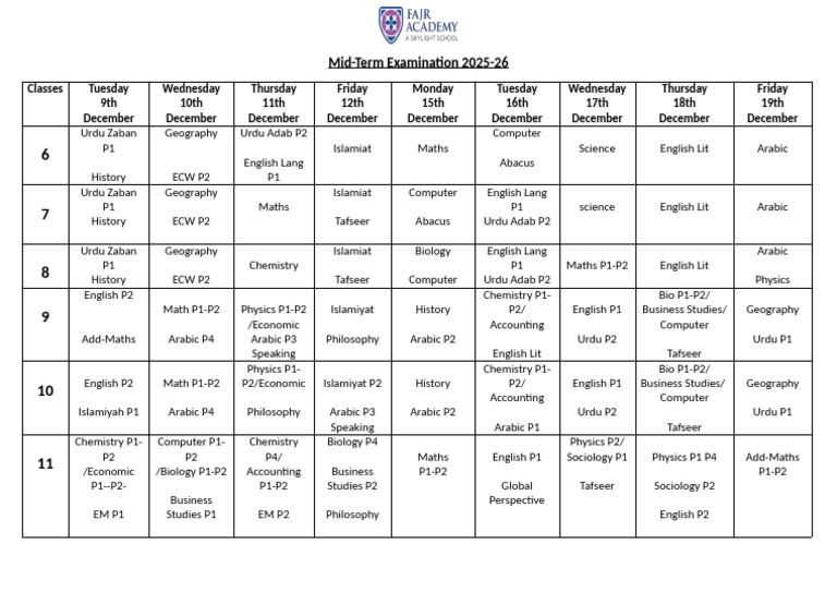 Mid-Term Exam Schedule 2025-26 | PDF