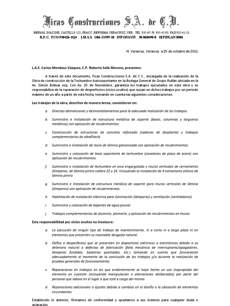Ejemplo de Carta Responsiva en Obra Civil