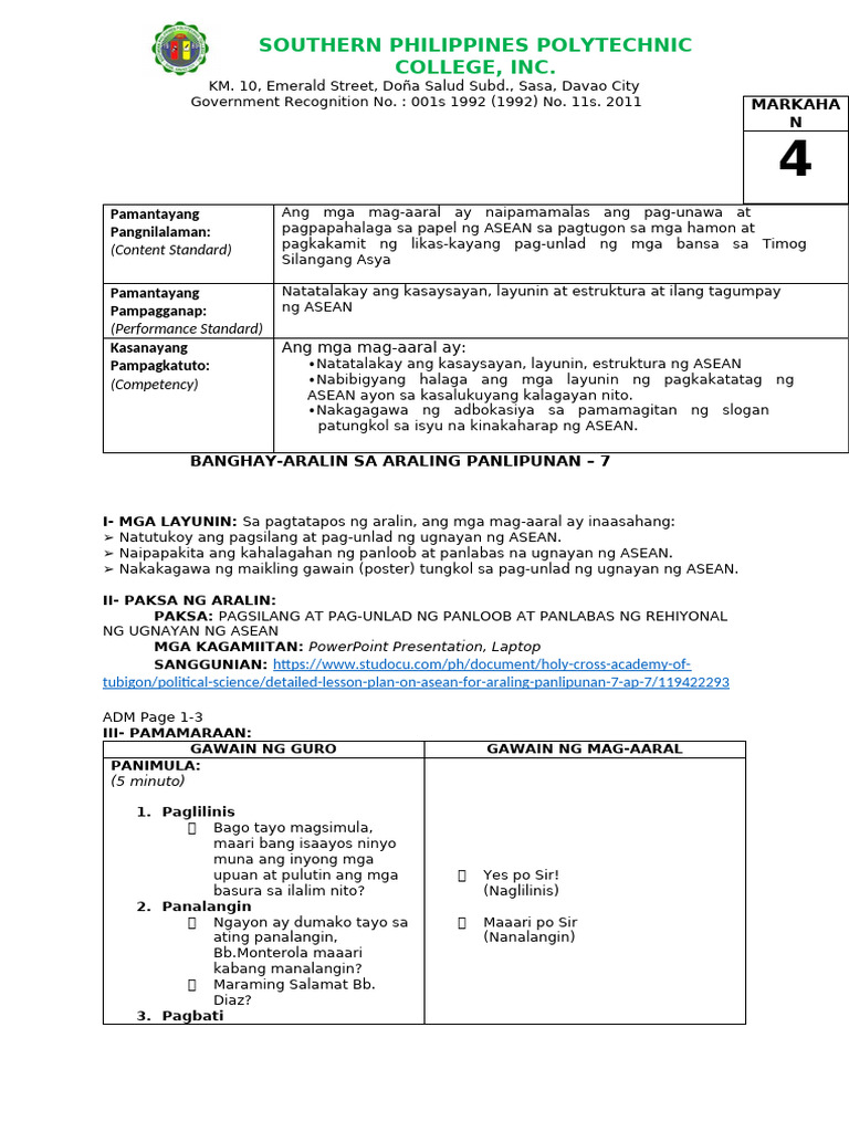 Grade 7 4as Lesson Plan Format | PDF