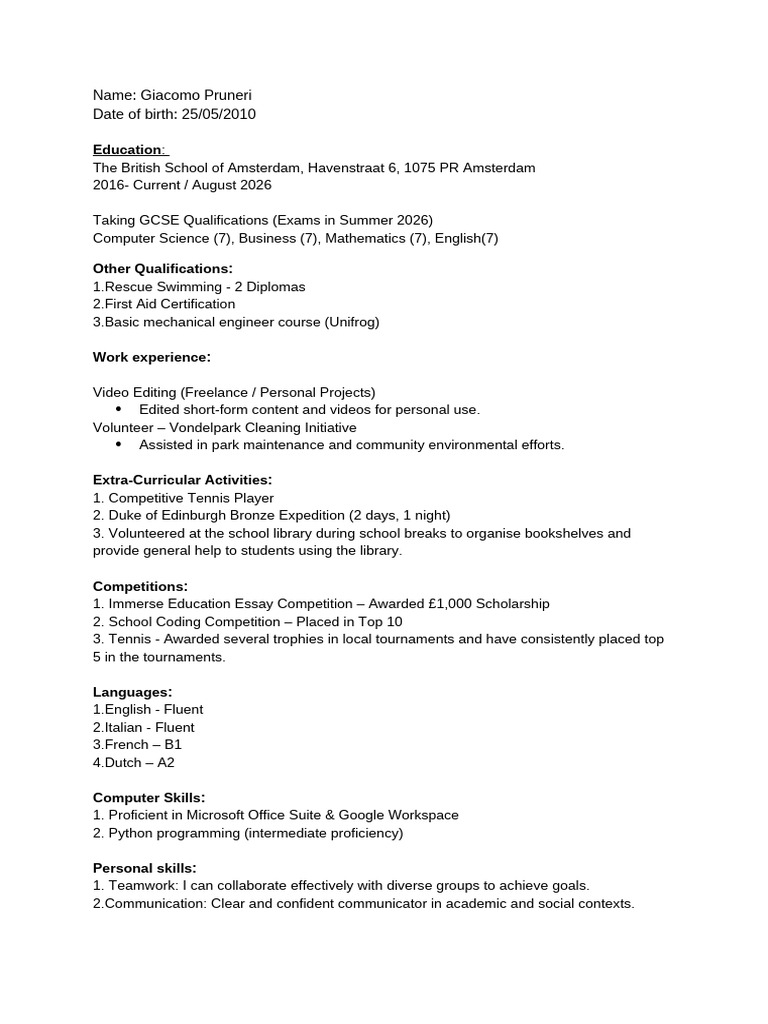 Giacomo Pruneri: Student Profile & Achievements | PDF