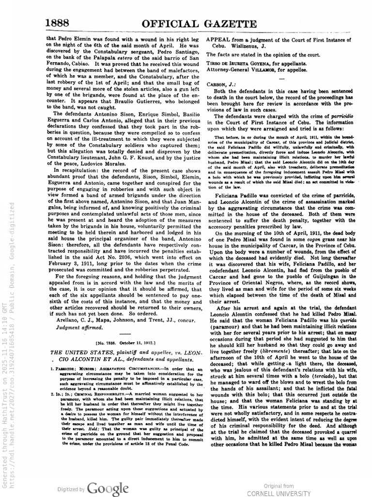 8 - United States vs. Alcontin (10 Off. Gaz., 1888) | PDF | Murder | Crimes