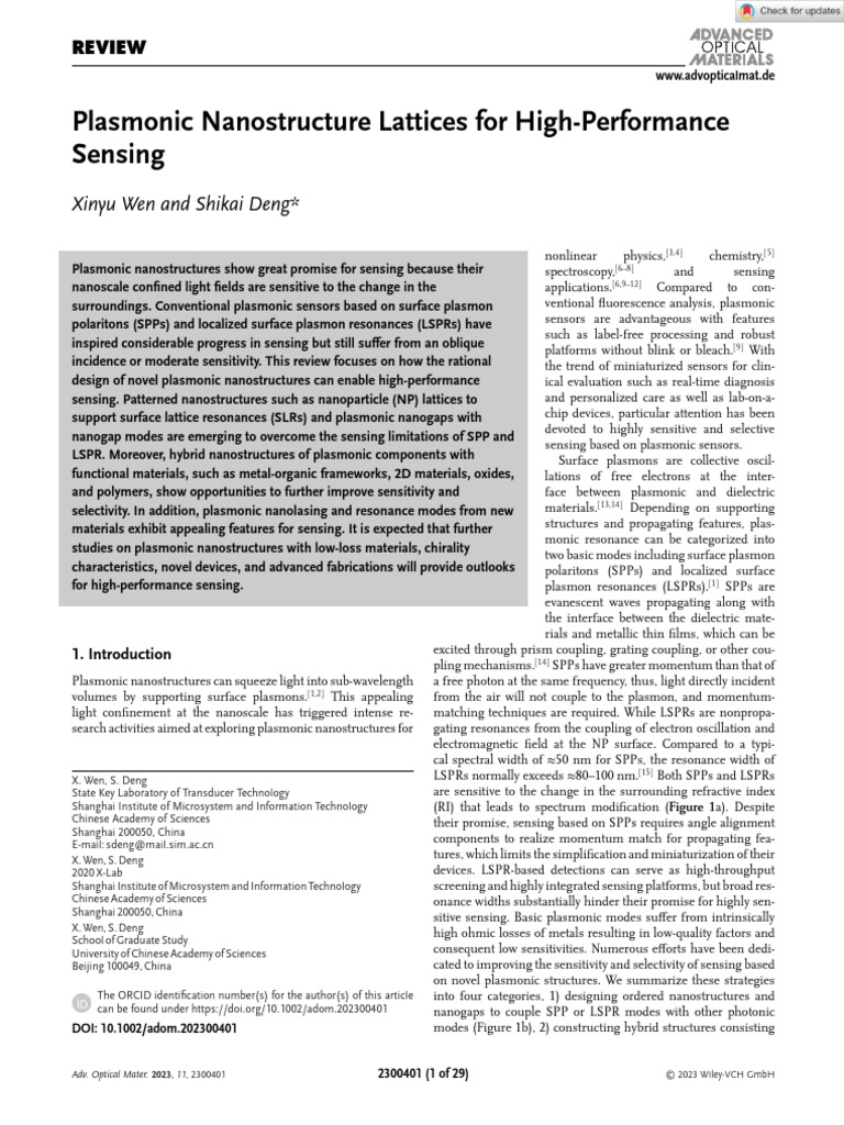 Plasmonic Nanostructures for Sensing | PDF | Surface Plasmon Resonance ...