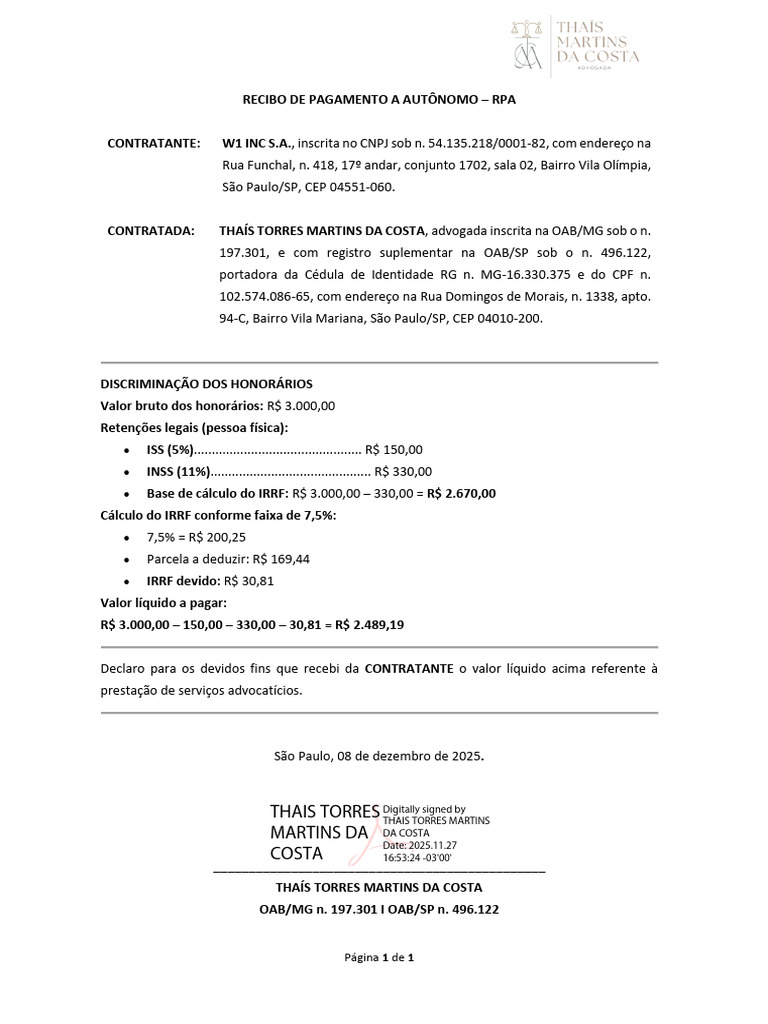Recibo de Pagamento a Autônomo RPA | PDF