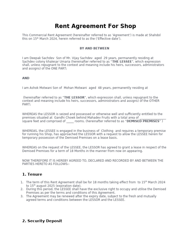 Rent Agreement for Shop | PDF | Lease | Common Law