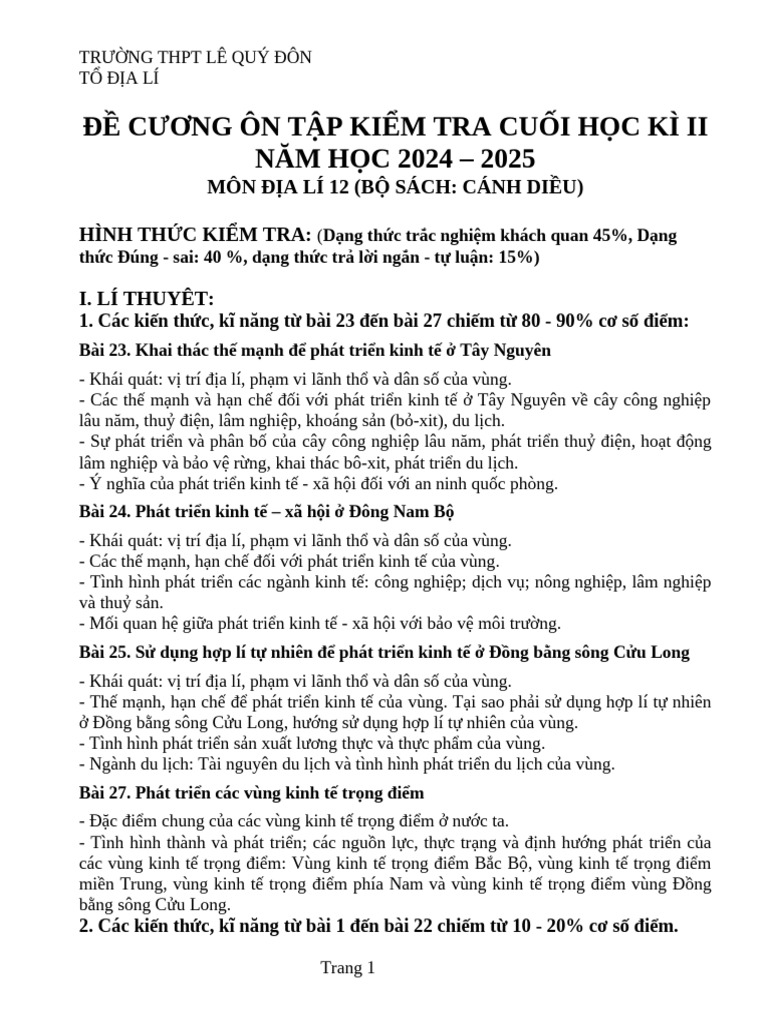 De Cuong On Tap KT Cuoi Hoc Ki II. L P 12. Nam Hoc 2024 - 2025 | PDF
