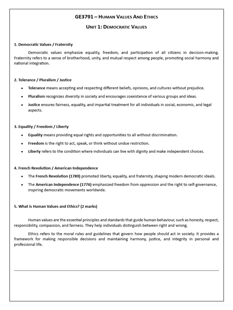 Democratic Values and Human Ethics Guide | PDF | Discrimination ...