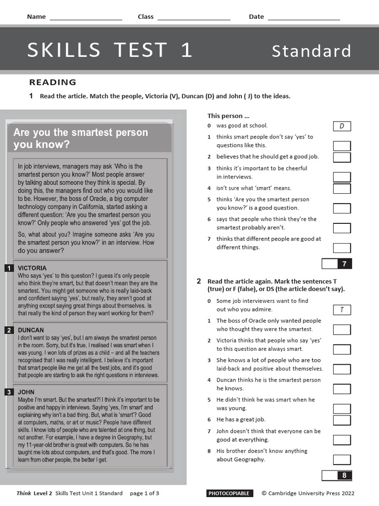 Skills Test: Reading, Listening, Writing | PDF