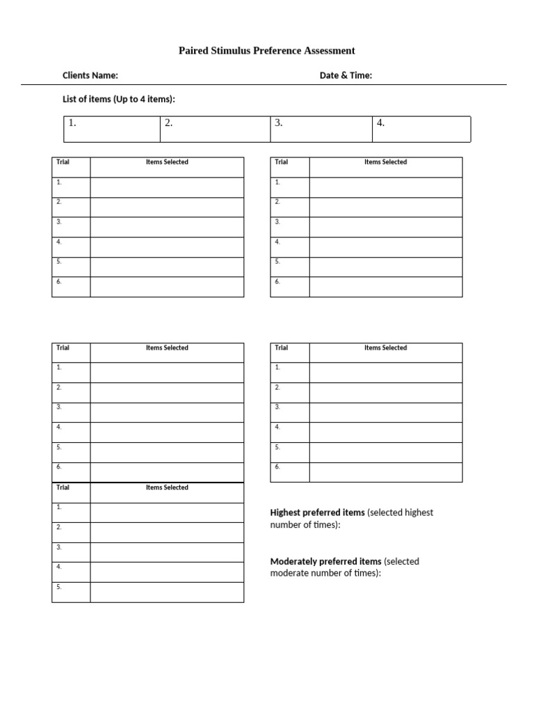Preference Assessment-Paired Stimulus-Data Sheet | PDF
