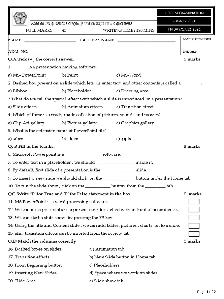 PowerPoint Exam Questions for Class IV | PDF | Microsoft Power Point ...