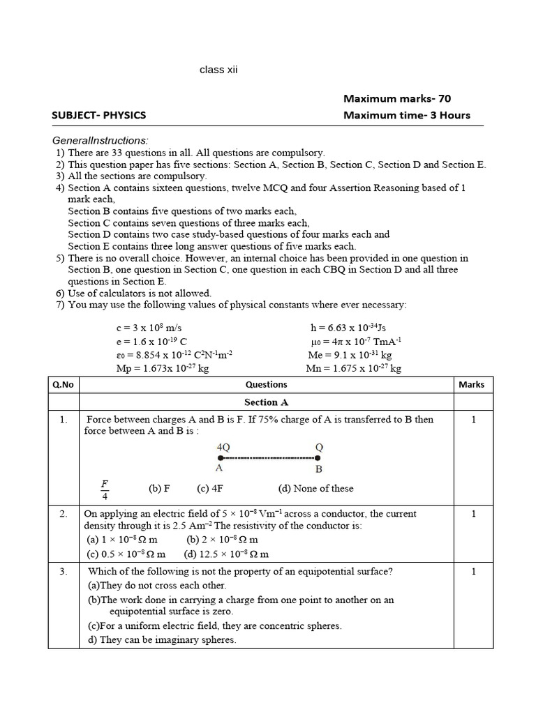 Class XII Physics Exam Question Paper | PDF | Emission Spectrum ...