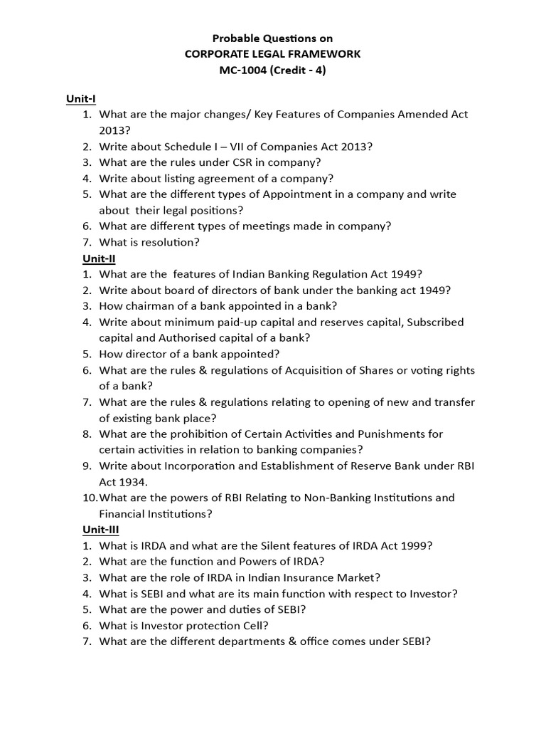 Corporate Legal Framework Questions Guide | PDF | Intellectual Property ...