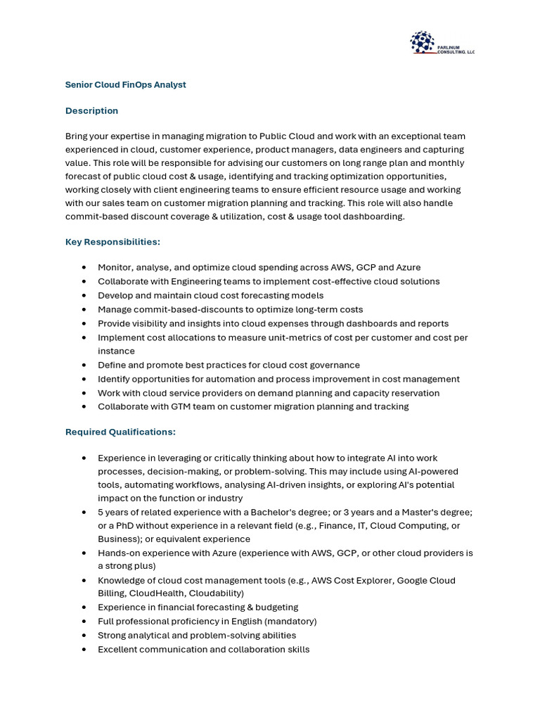 Senior Cloud FinOps Analyst Role | PDF | Cloud Computing | Amazon Web ...