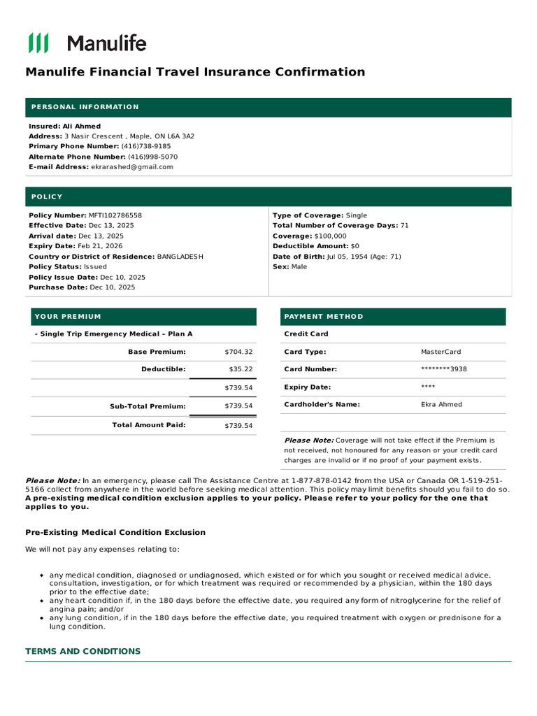 Manulife Travel Insurance Confirmation | PDF | Insurance | Life Insurance