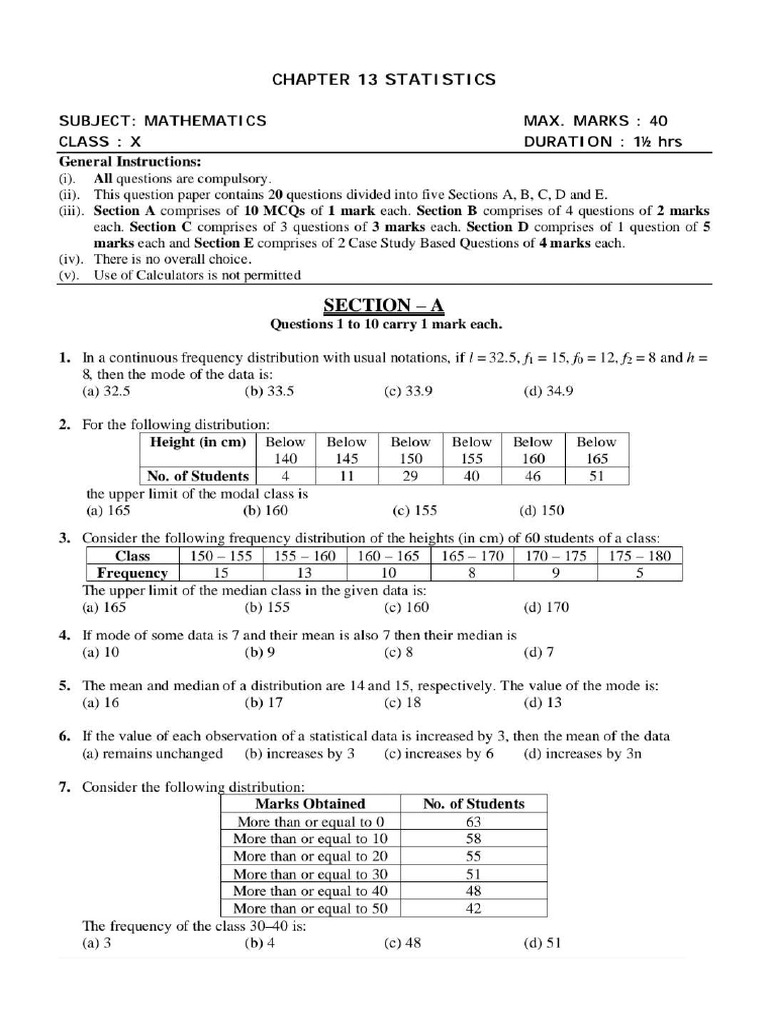 Maths X Statistics Practice Paper (1) | PDF