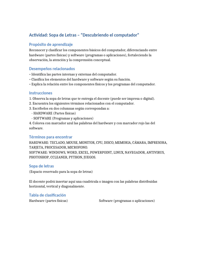Sopa de Letras: Hardware y Software del PC | PDF
