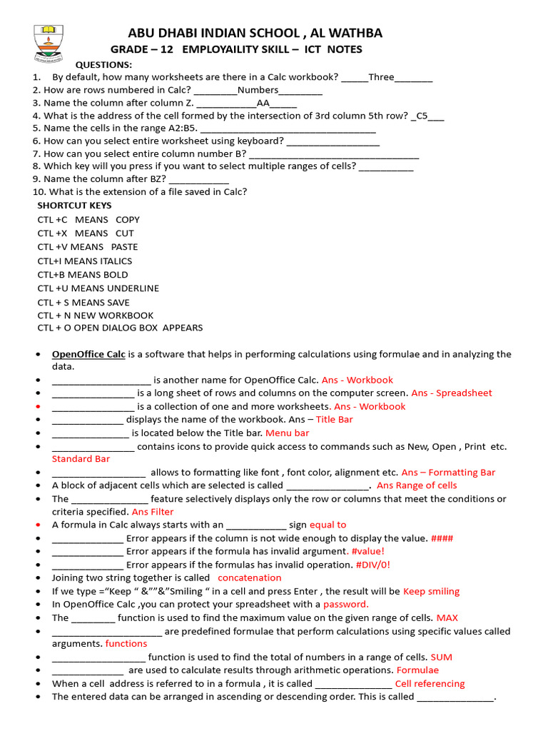 Grade 12 ICT Notes: OpenOffice Calc | PDF | Spreadsheet | Worksheet