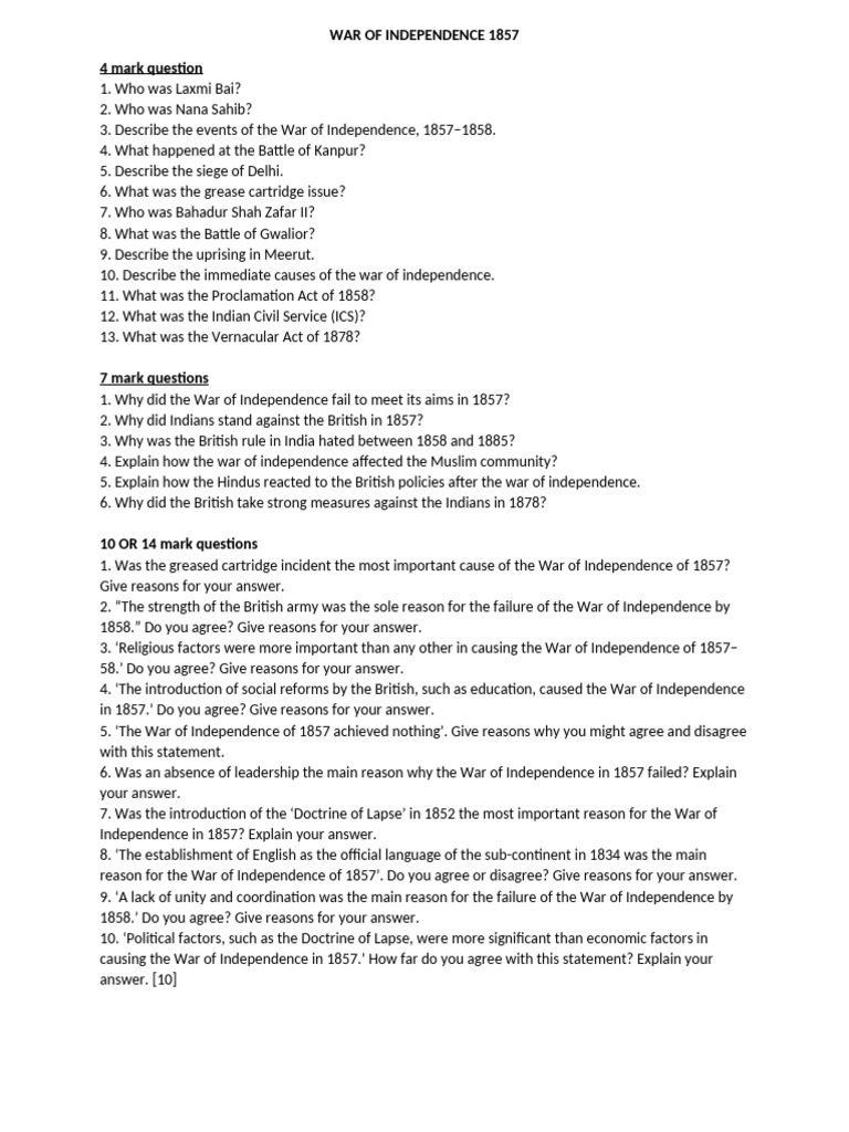 Key Questions on 1857 War of Independence | PDF | Indian Rebellion Of 1857