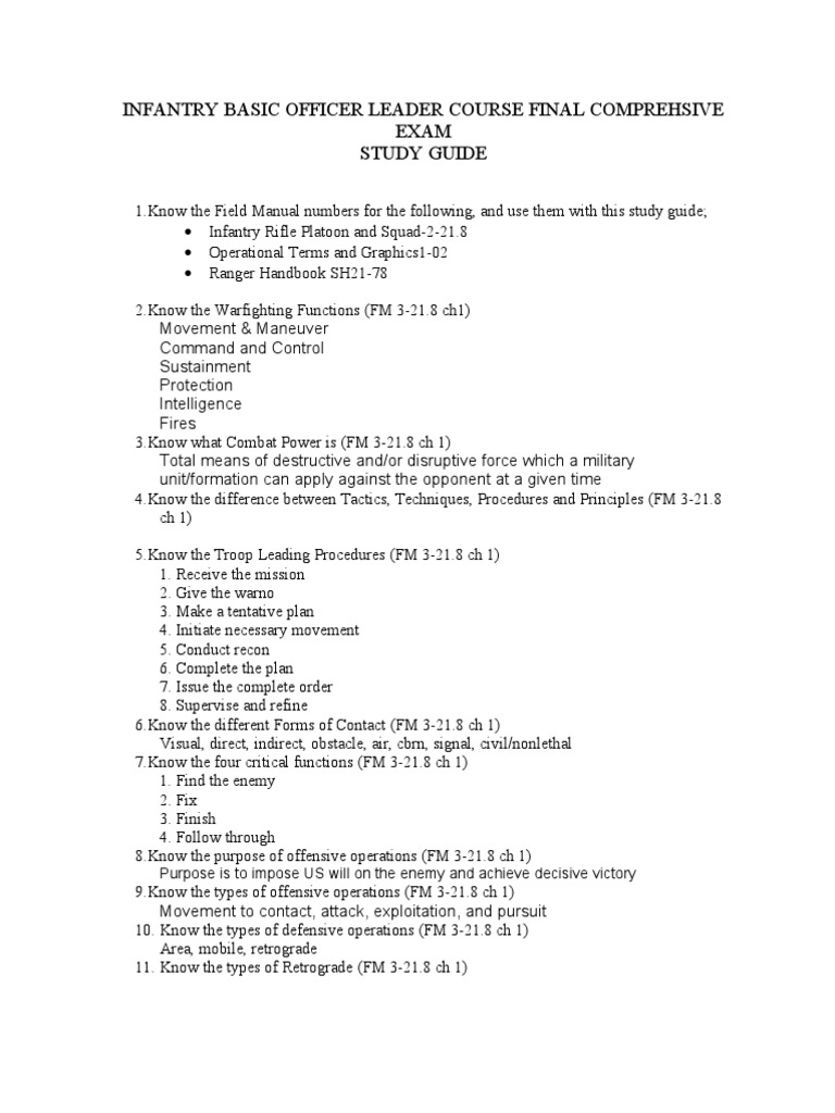 Infantry Basic Officer Leader Course Final Comprehsive Exam Study Guide